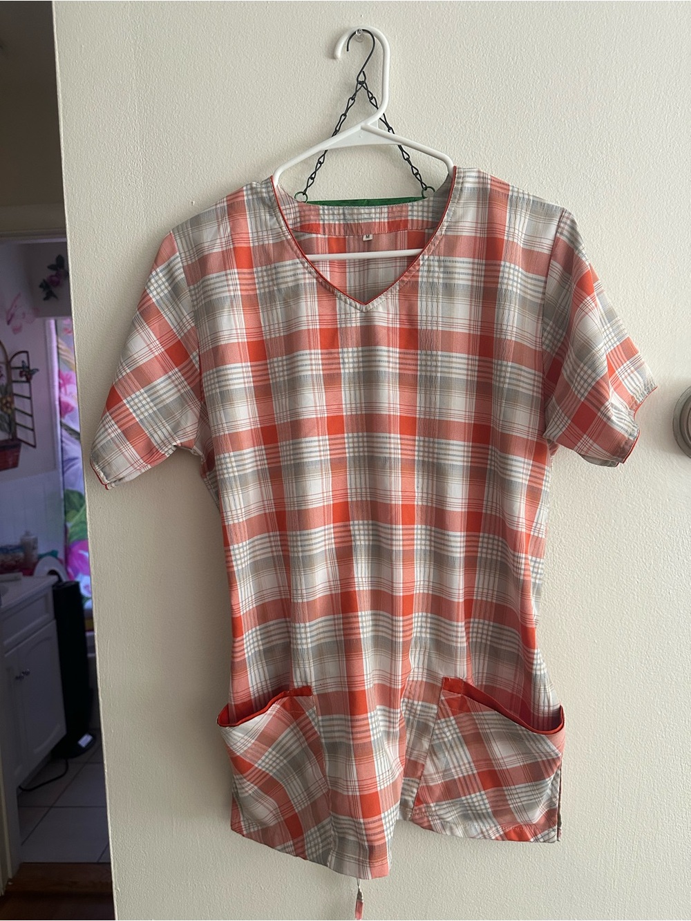 Coral Plaid Scrub Top with Front Pockets